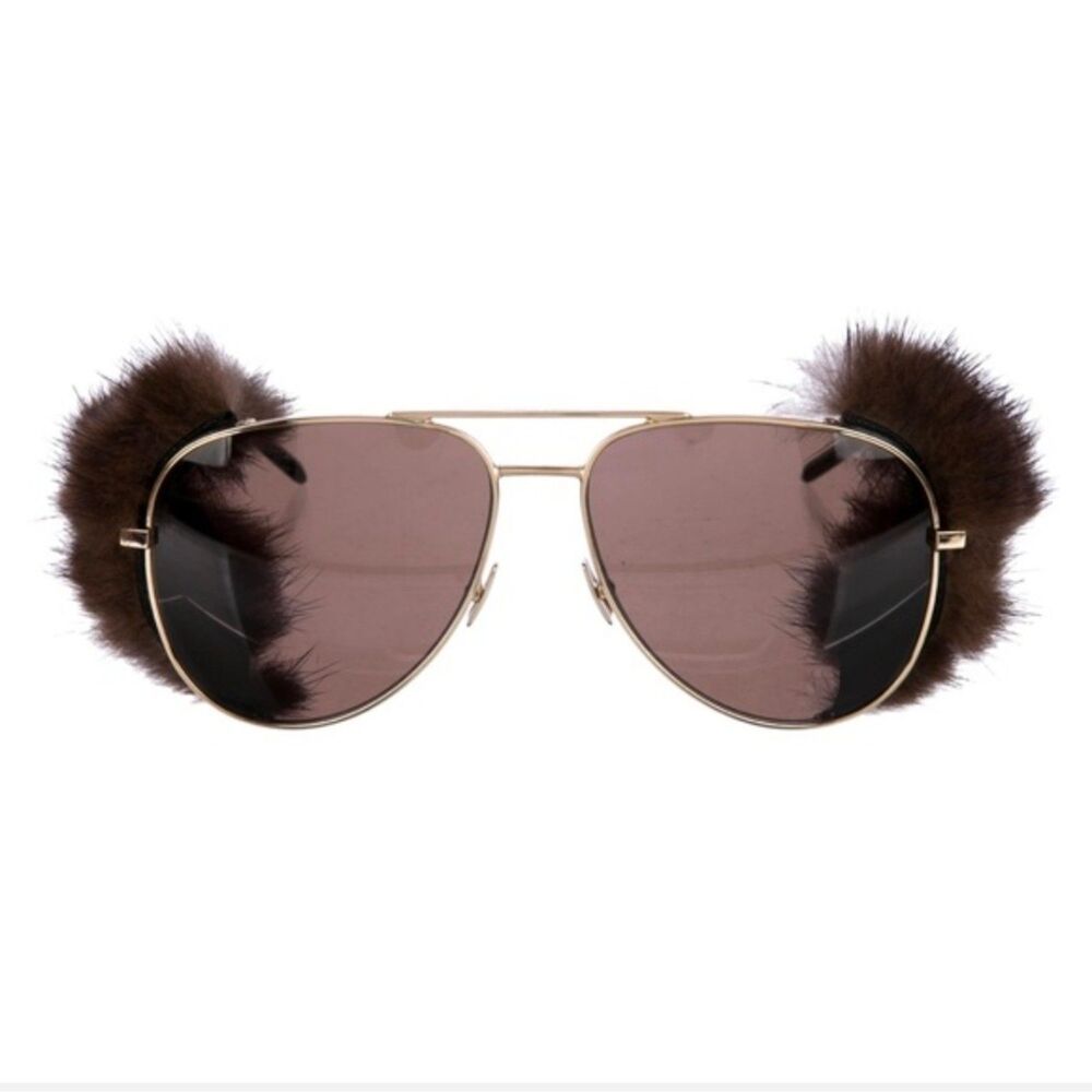 Saint Laurent Classic 11 Shields Mink Fur Aviator Sunglasses NEW Rare